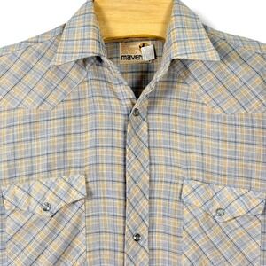 Maverick Western Shirt Mens Medium Blue‎ Yellow Plaid Pearl Snap Vintage 80s USA